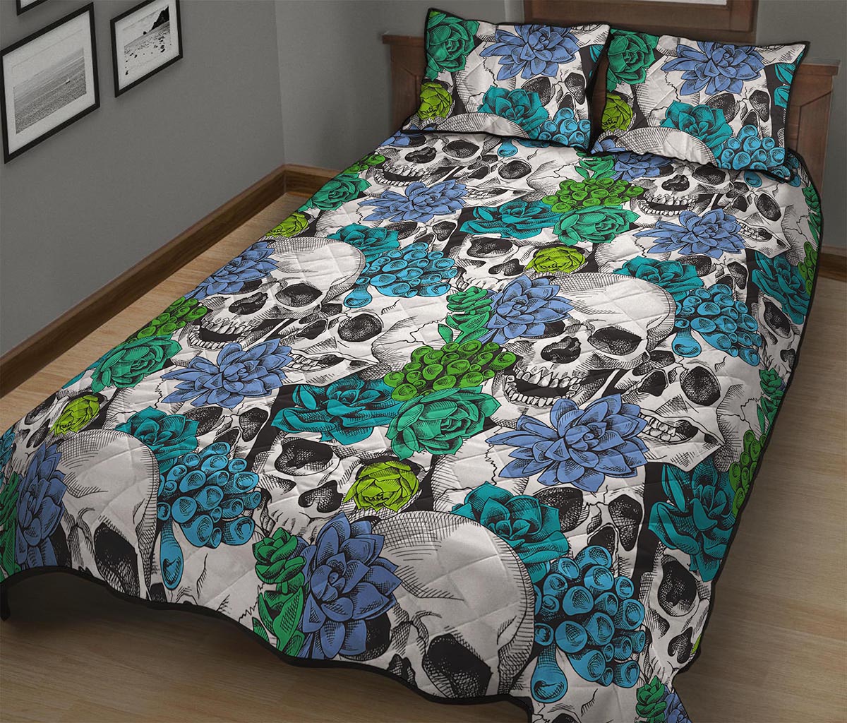 Green Blue Flowers Skull Pattern Print Quilt Bed Set