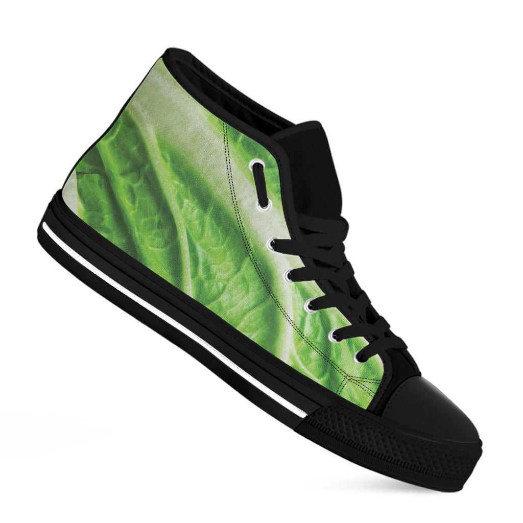Green Cabbage Leaf Print Black High Top Shoes