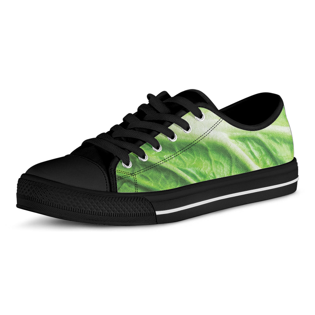 Green Cabbage Leaf Print Black Low Top Shoes
