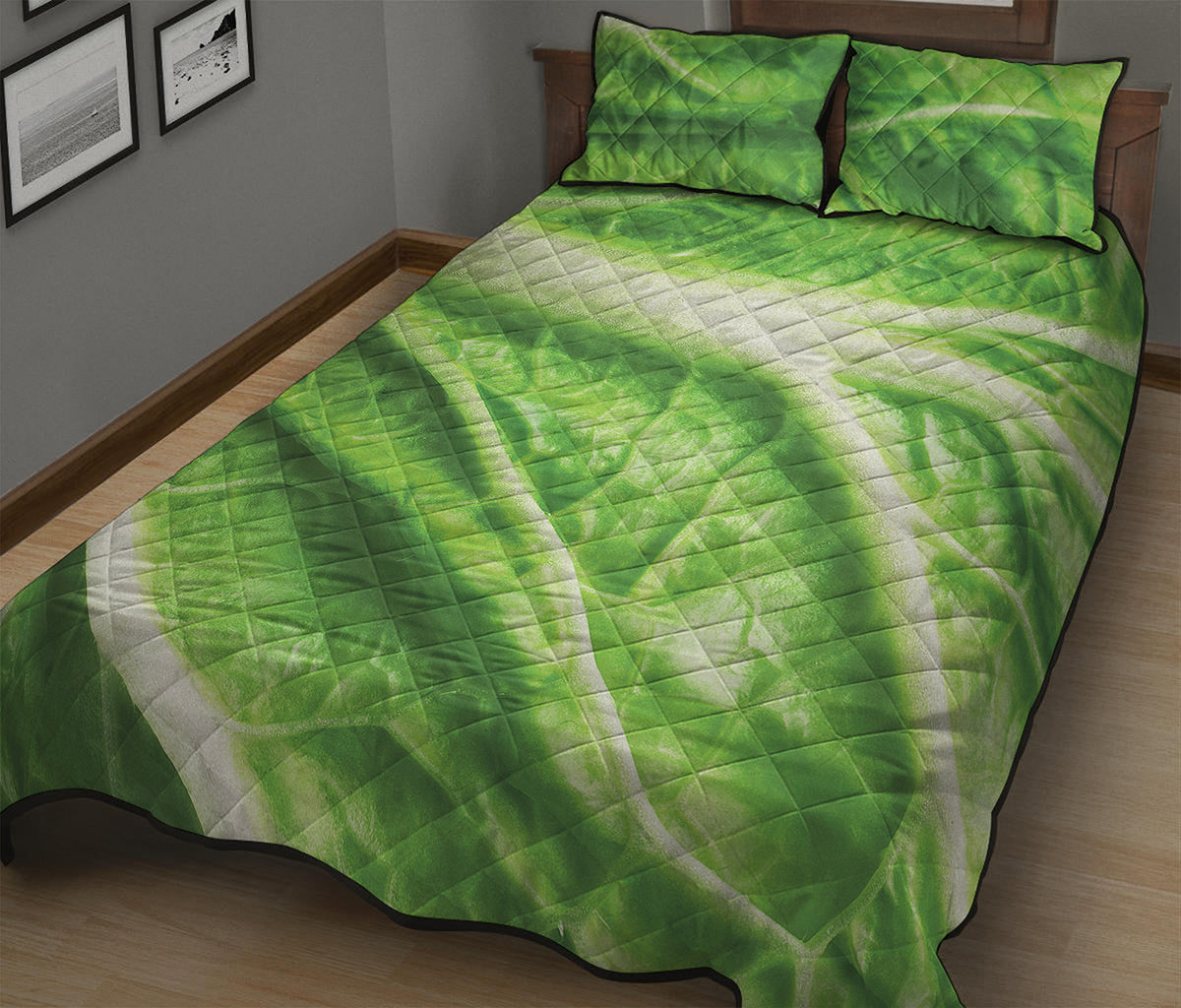 Green Cabbage Leaf Print Quilt Bed Set
