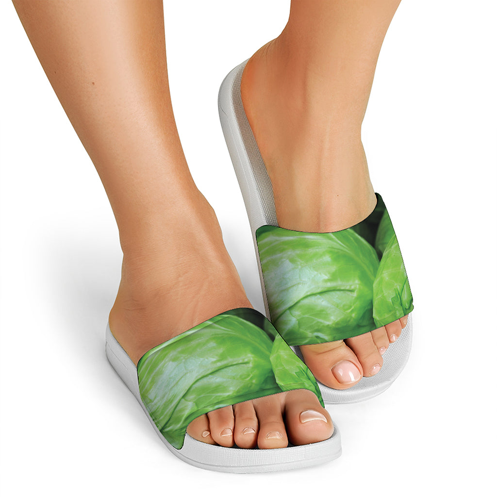 Green Cabbage Print White Slide Sandals