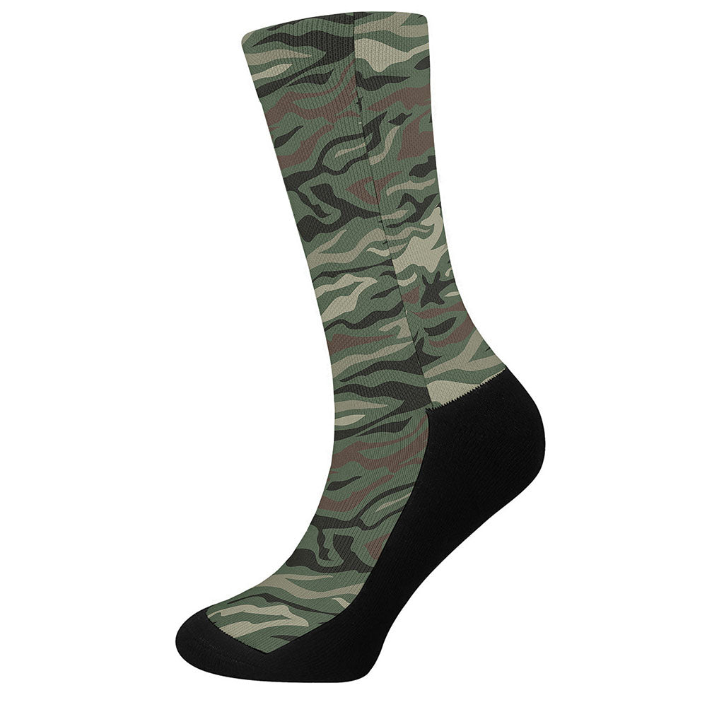 Green Camo Zebra Pattern Print Crew Socks