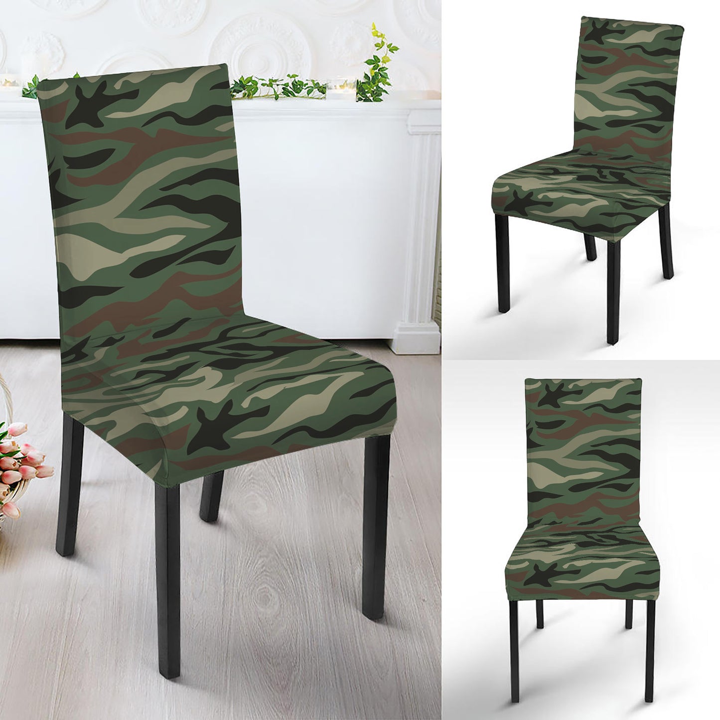 Green Camo Zebra Pattern Print Dining Chair Slipcover