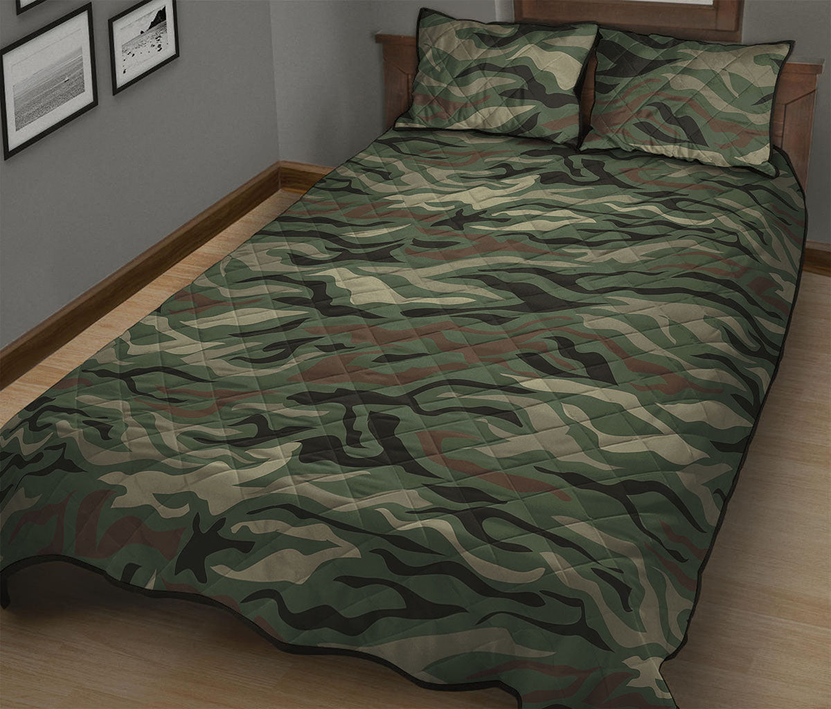 Green Camo Zebra Pattern Print Quilt Bed Set