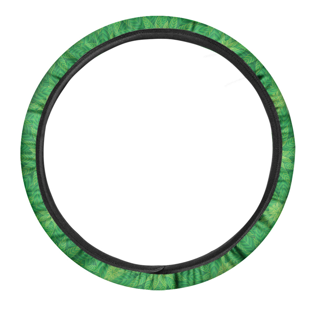 Green Cannabis Leaf Pattern Print Car Steering Wheel Cover