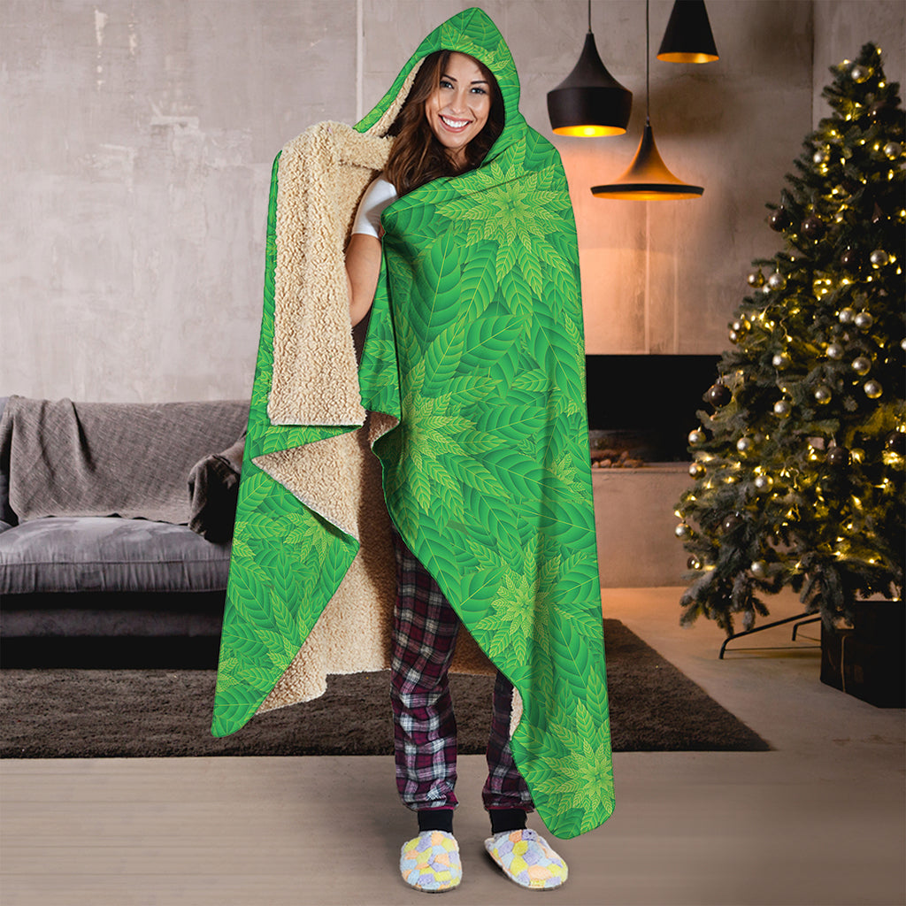 Green Cannabis Leaf Pattern Print Hooded Blanket