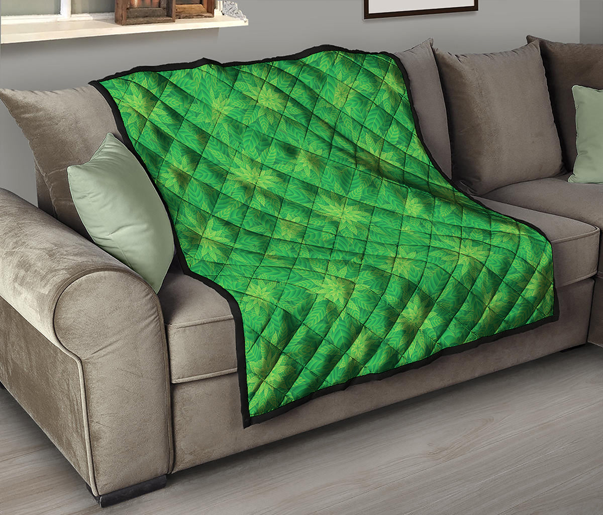 Green Cannabis Leaf Pattern Print Quilt