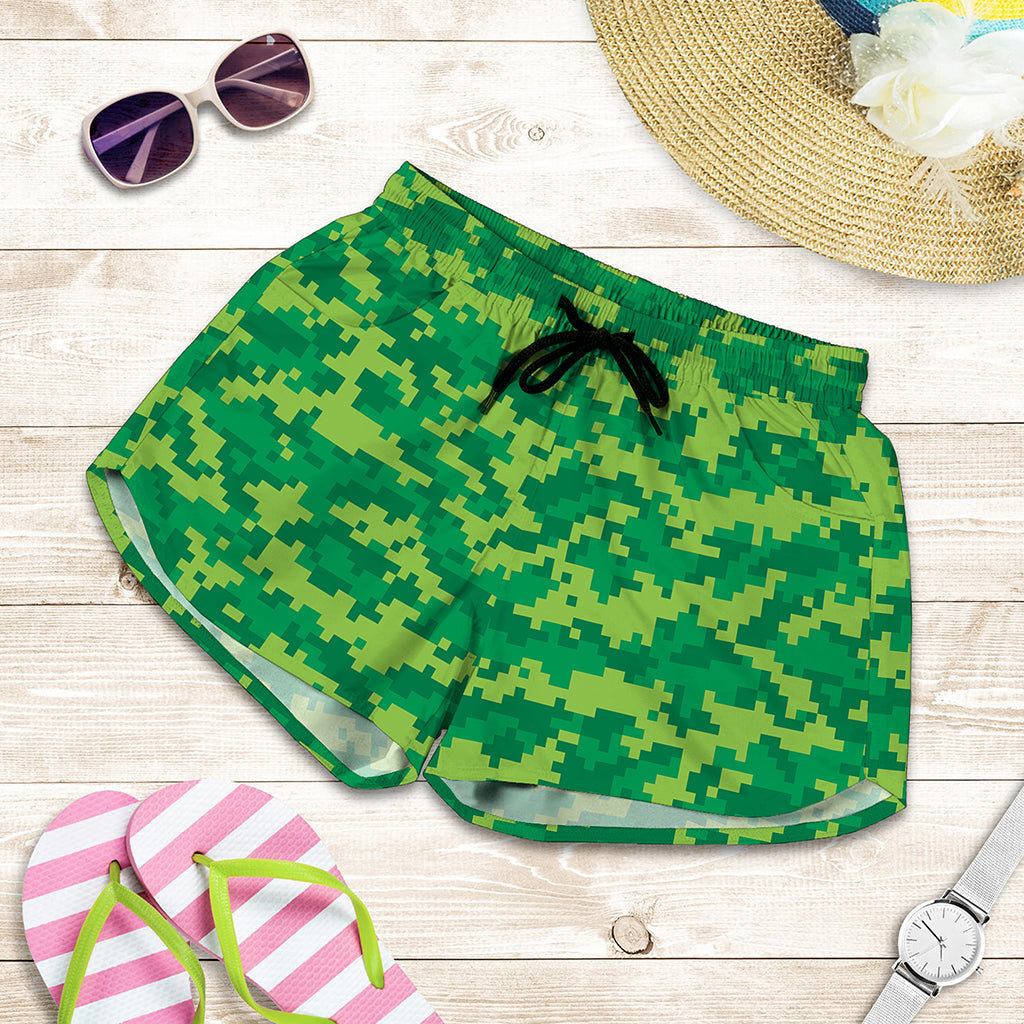Green Digital Camo Pattern Print Women's Shorts