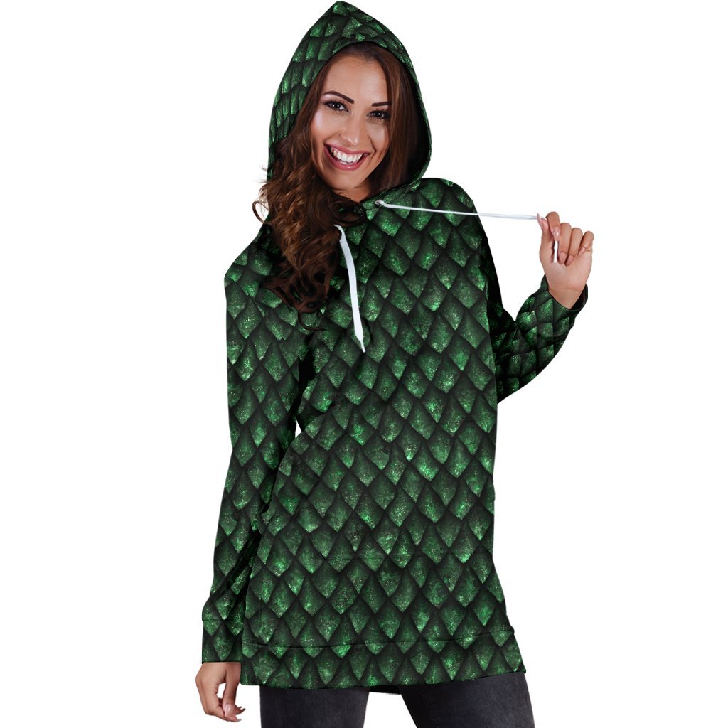Green Dragon Scales Pattern Print Hoodie Dress GearFrost