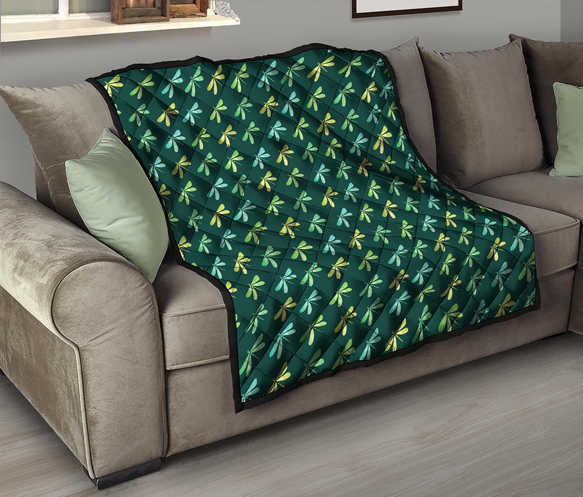 Green Dragonfly Pattern Print Quilt