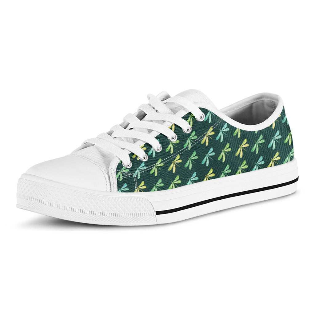 Green Dragonfly Pattern Print White Low Top Shoes