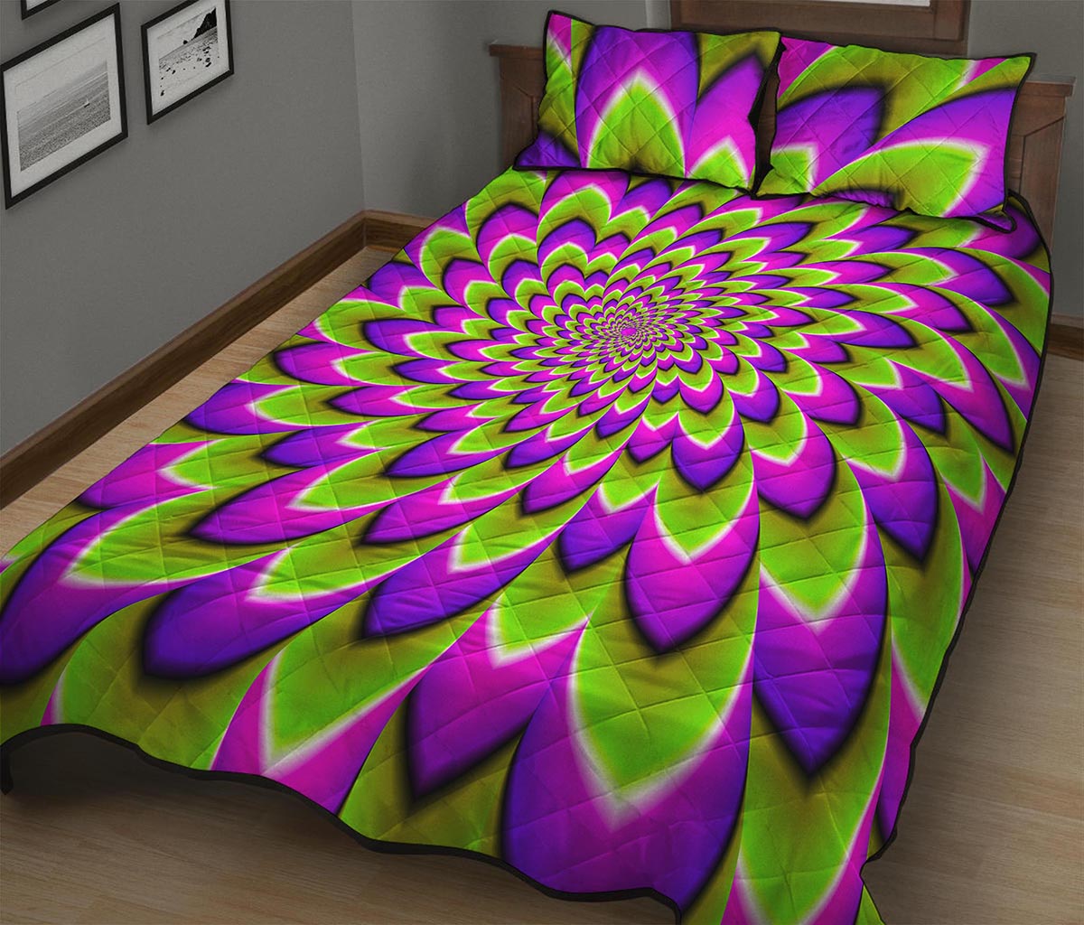 Green Expansion Moving Optical Illusion Quilt Bed Set