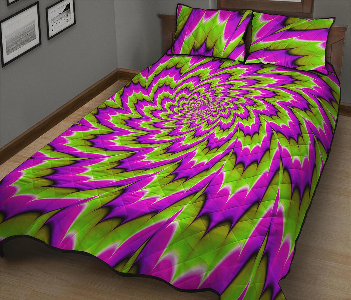 Green Explosion Moving Optical Illusion Quilt Bed Set