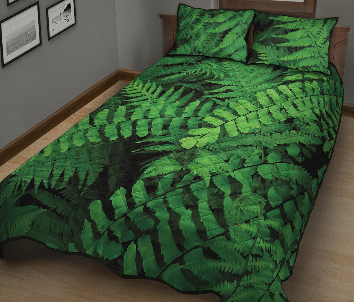 Green Fern Leaf Print Quilt Bed Set