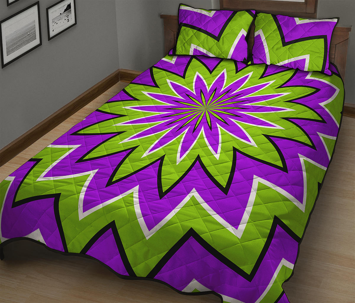 Green Flower Moving Optical Illusion Quilt Bed Set