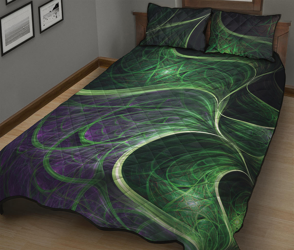 Green Fractal Print Quilt Bed Set