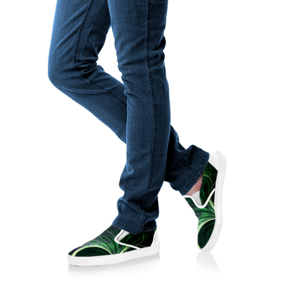 Green Fractal Print White Slip On Shoes