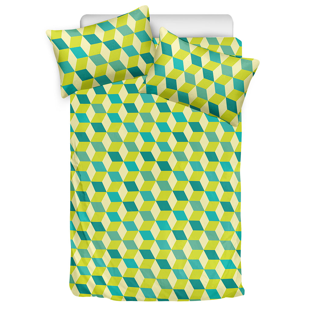 Green Geometric Cube Shape Pattern Print Duvet Cover Bedding Set