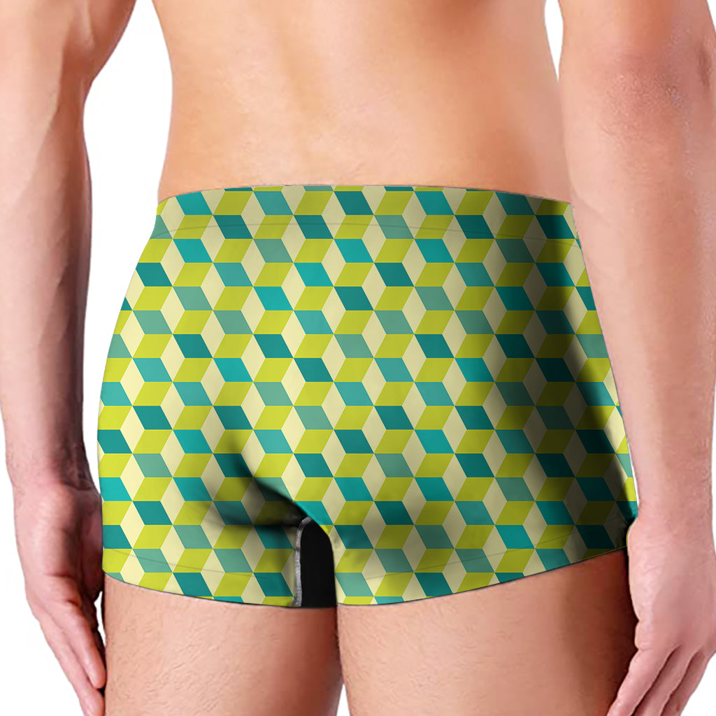 Green Geometric Cube Shape Pattern Print Men's Boxer Briefs