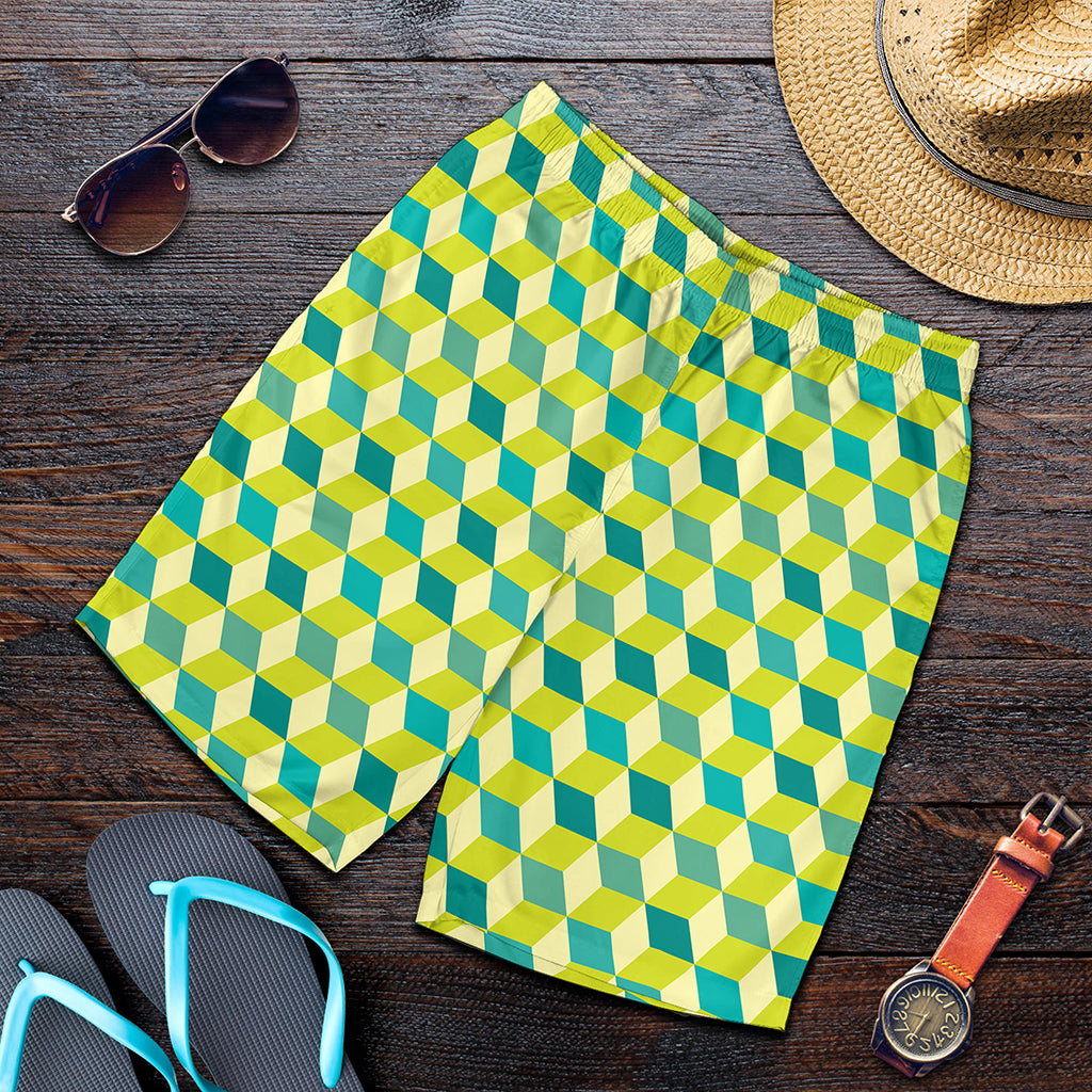 Green Geometric Cube Shape Pattern Print Men's Shorts