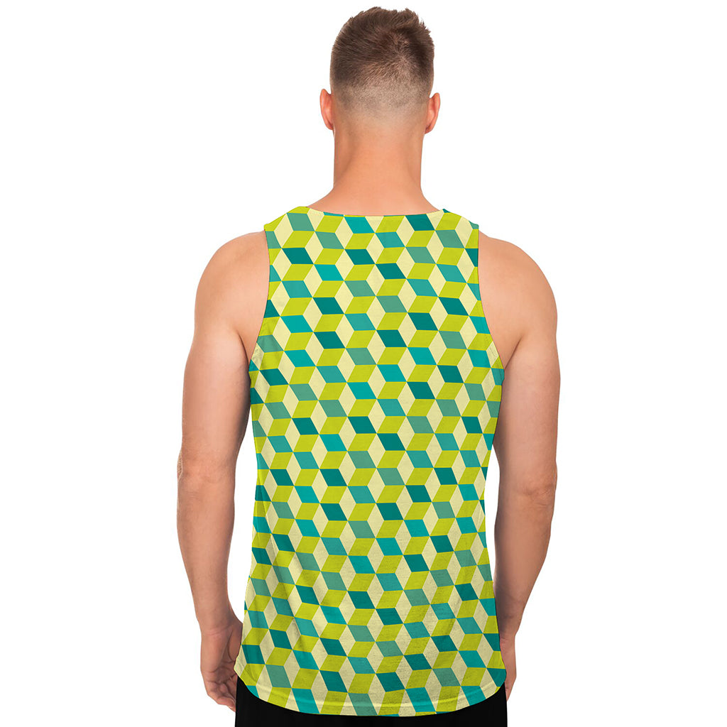 Green Geometric Cube Shape Pattern Print Men's Tank Top