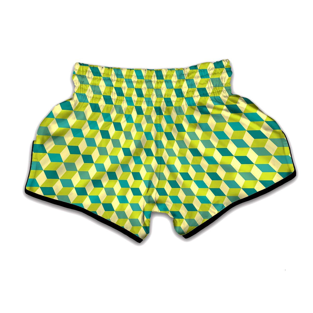 Green Geometric Cube Shape Pattern Print Muay Thai Boxing Shorts