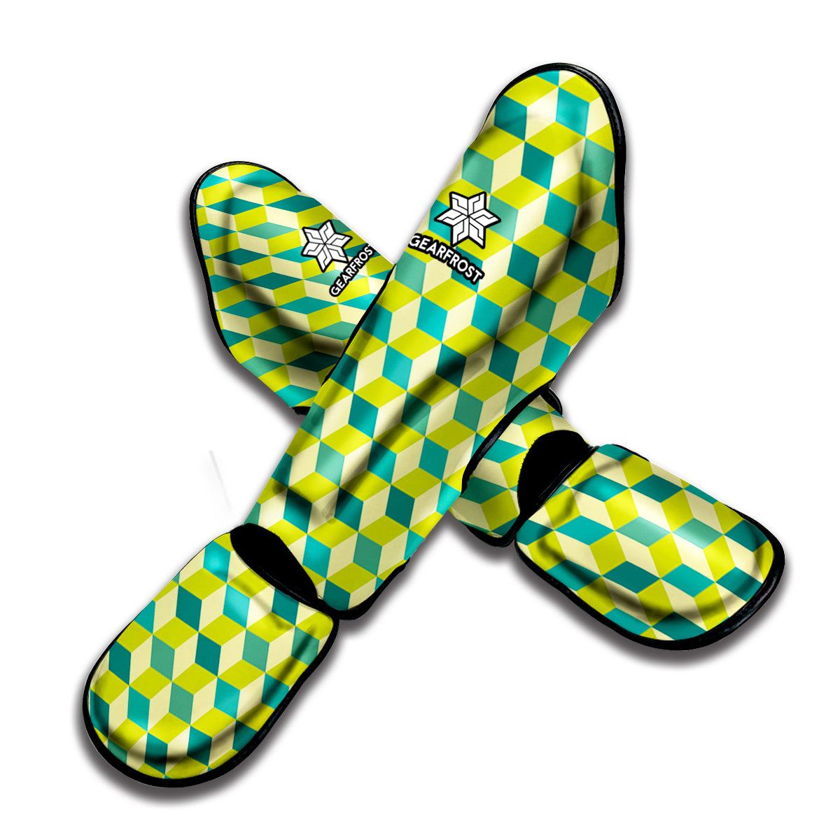 Green Geometric Cube Shape Pattern Print Muay Thai Shin Guard