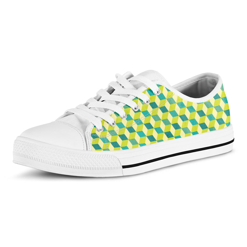 Green Geometric Cube Shape Pattern Print White Low Top Shoes