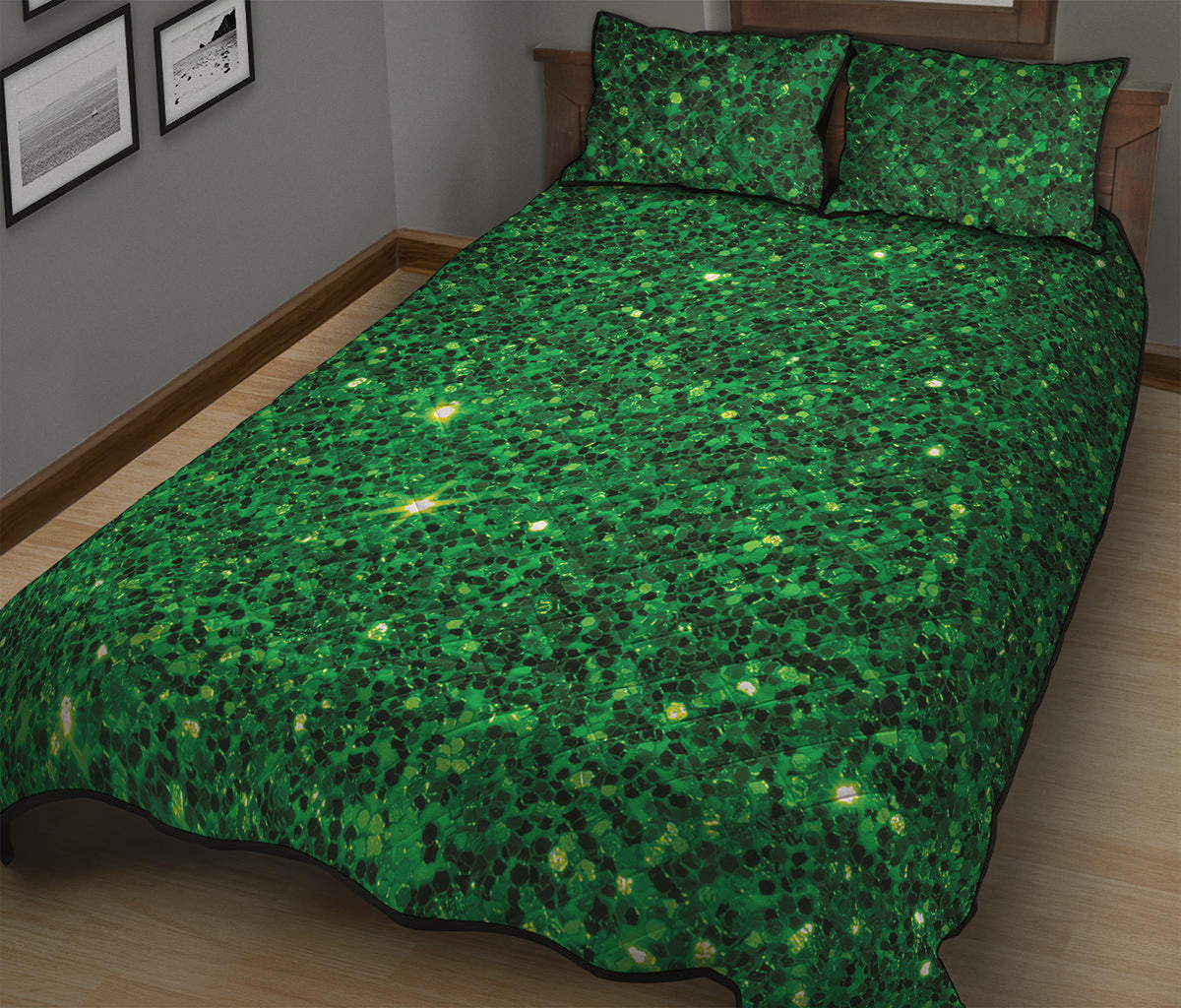 Green Glitter Artwork Print (NOT Real Glitter) Quilt Bed Set