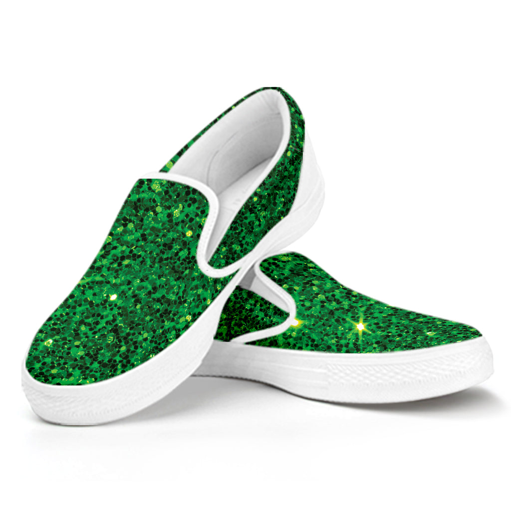 Green Glitter Texture Print White Slip On Shoes
