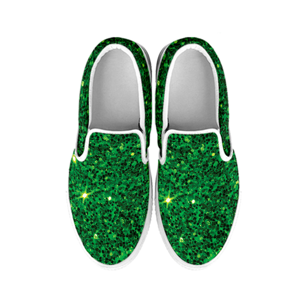 Green Glitter Texture Print White Slip On Shoes