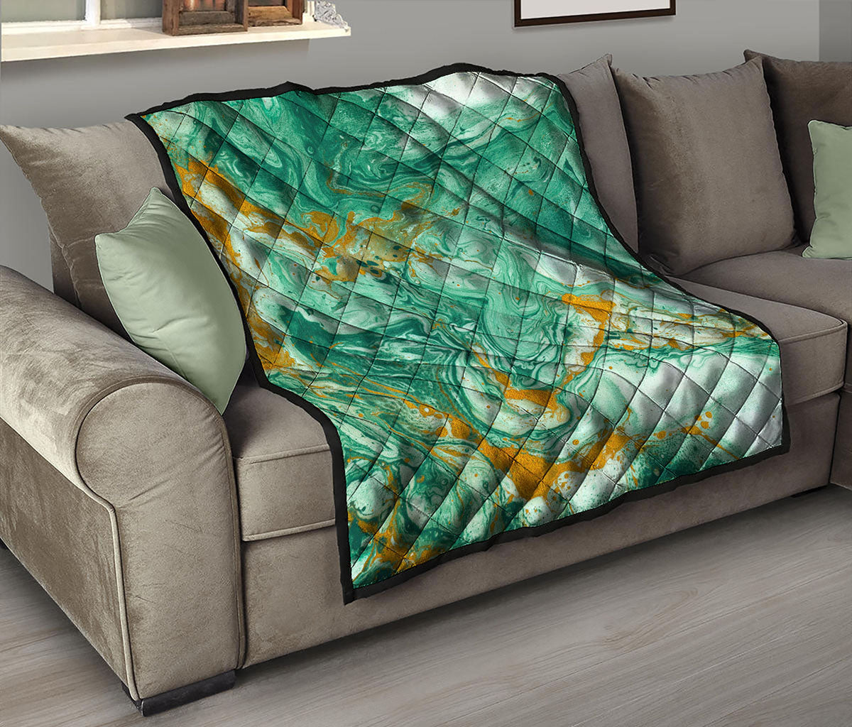 Green Gold Liquid Marble Print Quilt
