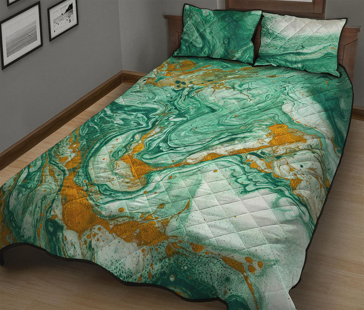 Green Gold Liquid Marble Print Quilt Bed Set