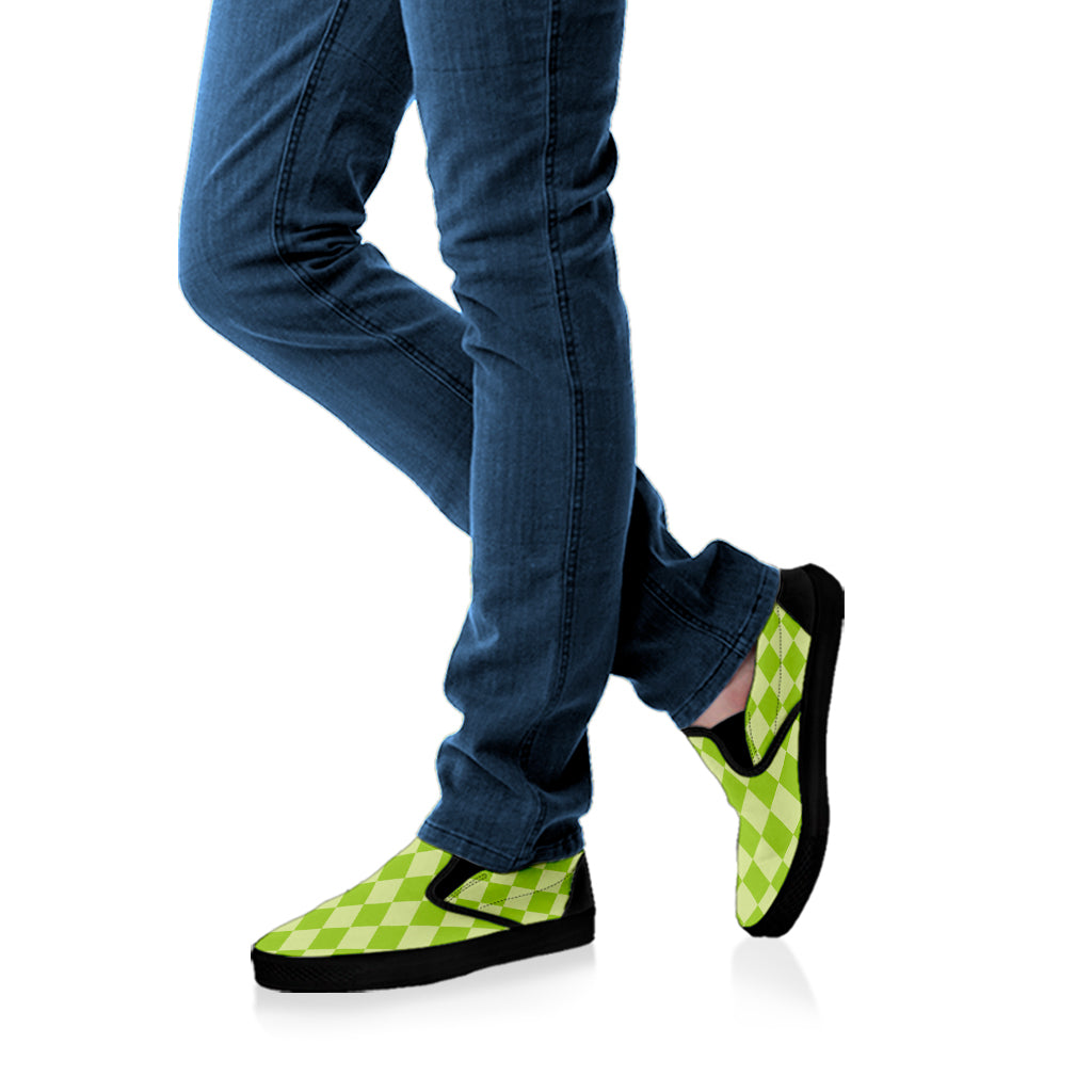 Green Harlequin Pattern Print Black Slip On Shoes