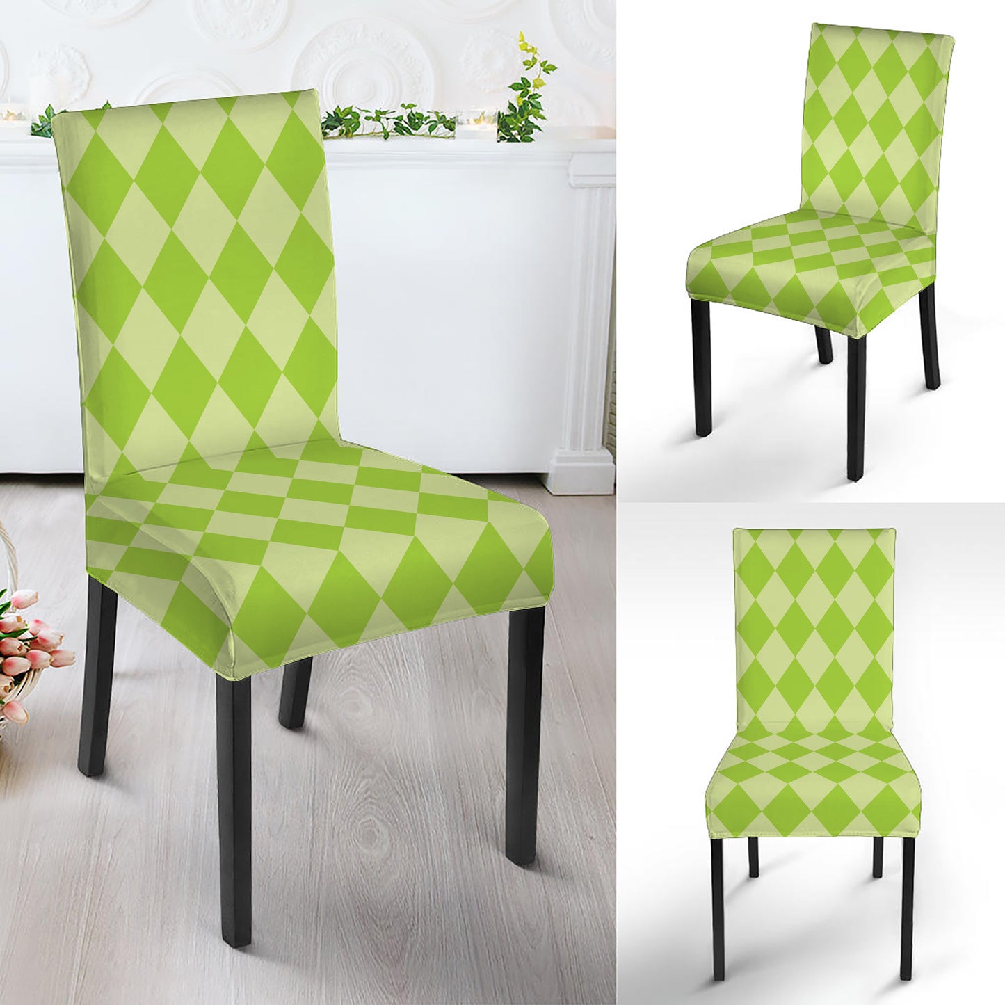 Green Harlequin Pattern Print Dining Chair Slipcover