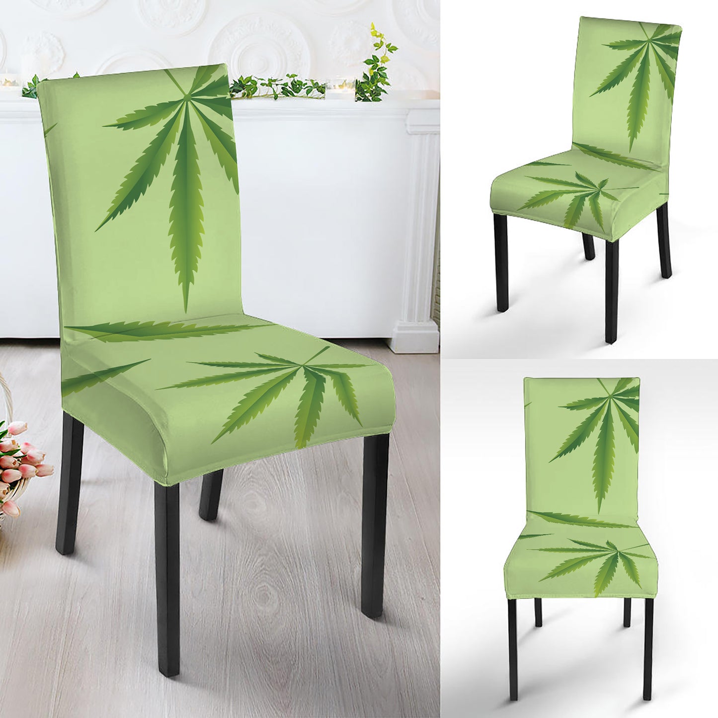 Green Hemp Leaves Pattern Print Dining Chair Slipcover