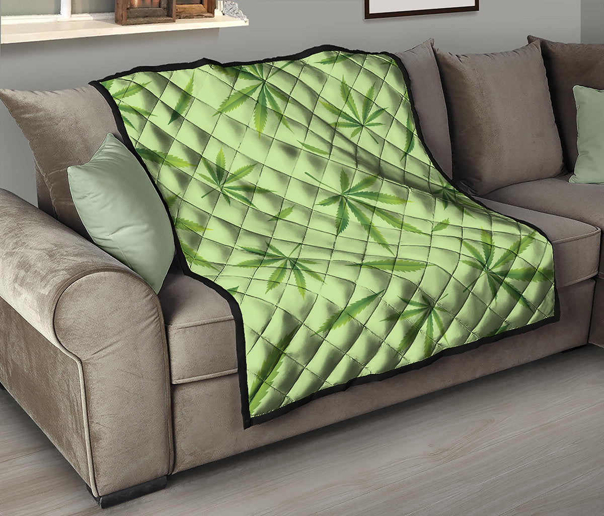 Green Hemp Leaves Pattern Print Quilt