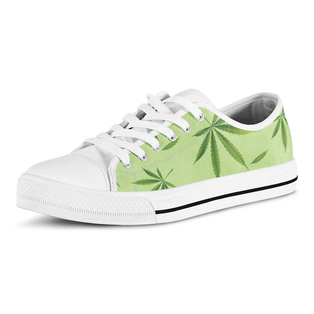 Green Hemp Leaves Pattern Print White Low Top Shoes