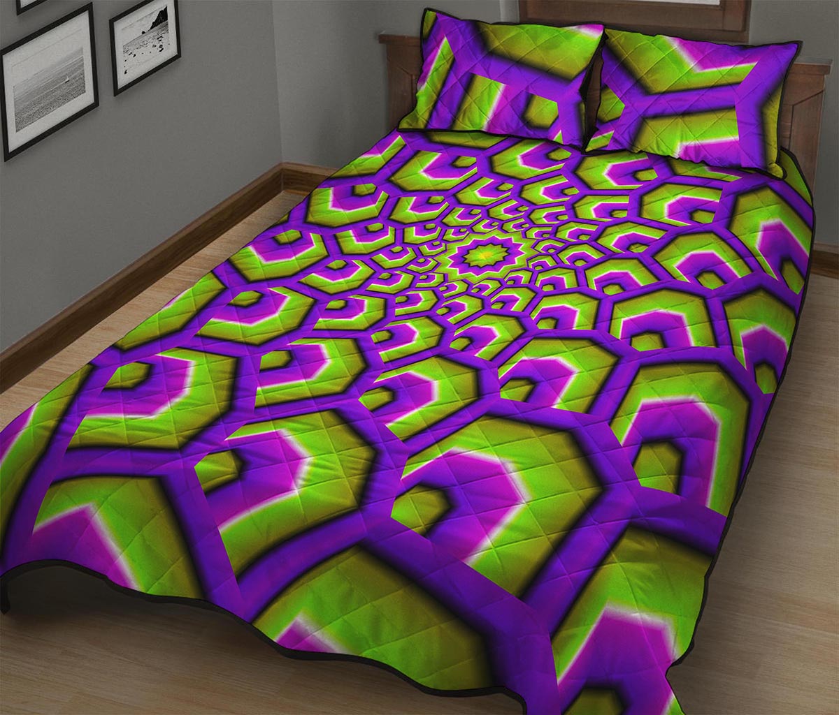 Green Hive Moving Optical Illusion Quilt Bed Set