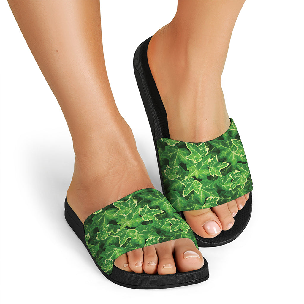 Green Ivy Leaf Pattern Print Black Slide Sandals