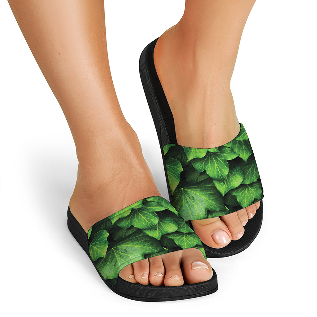 Green Ivy Leaf Print Black Slide Sandals