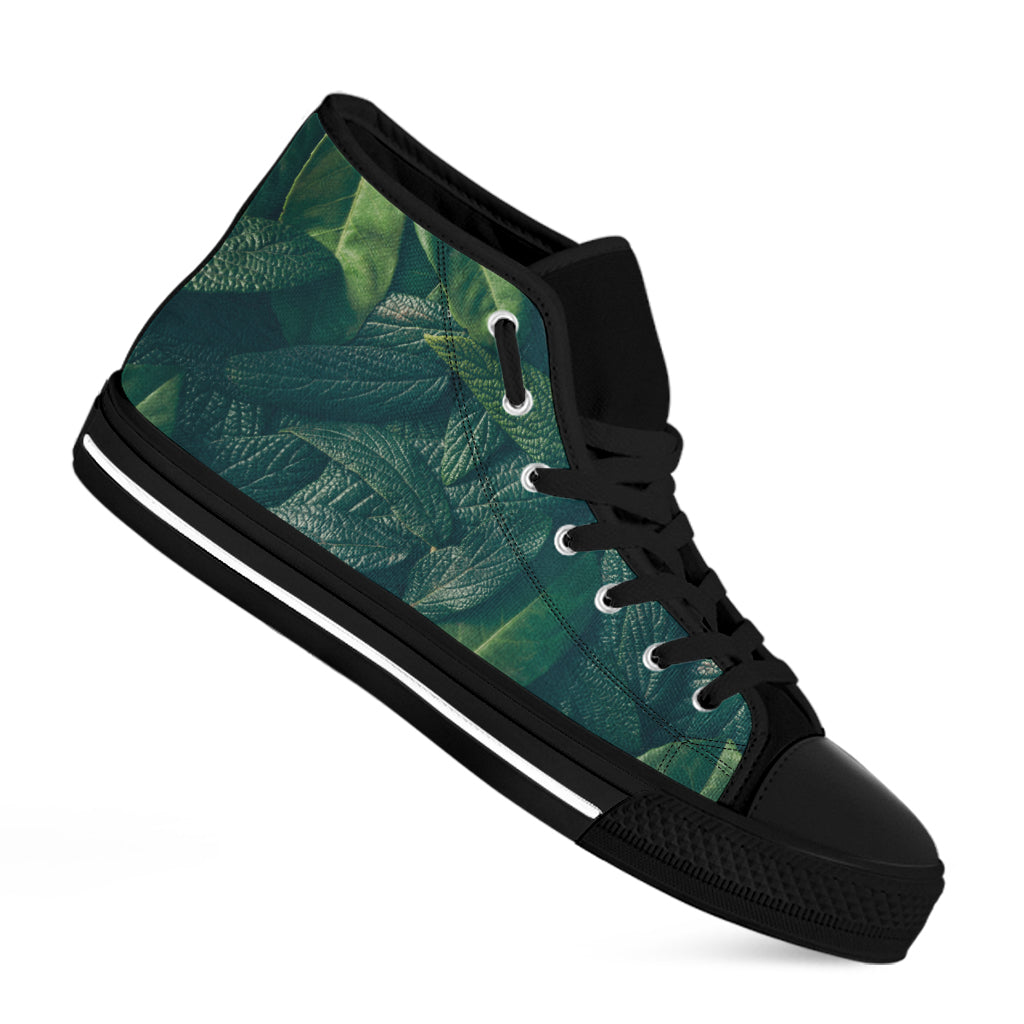 Green Leaves Print Black High Top Shoes