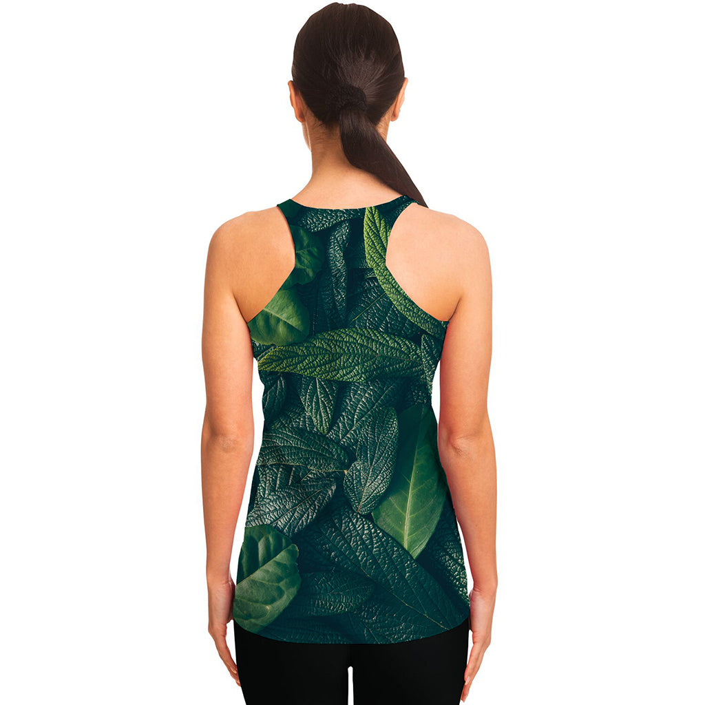 Green Leaves Print Women's Racerback Tank Top