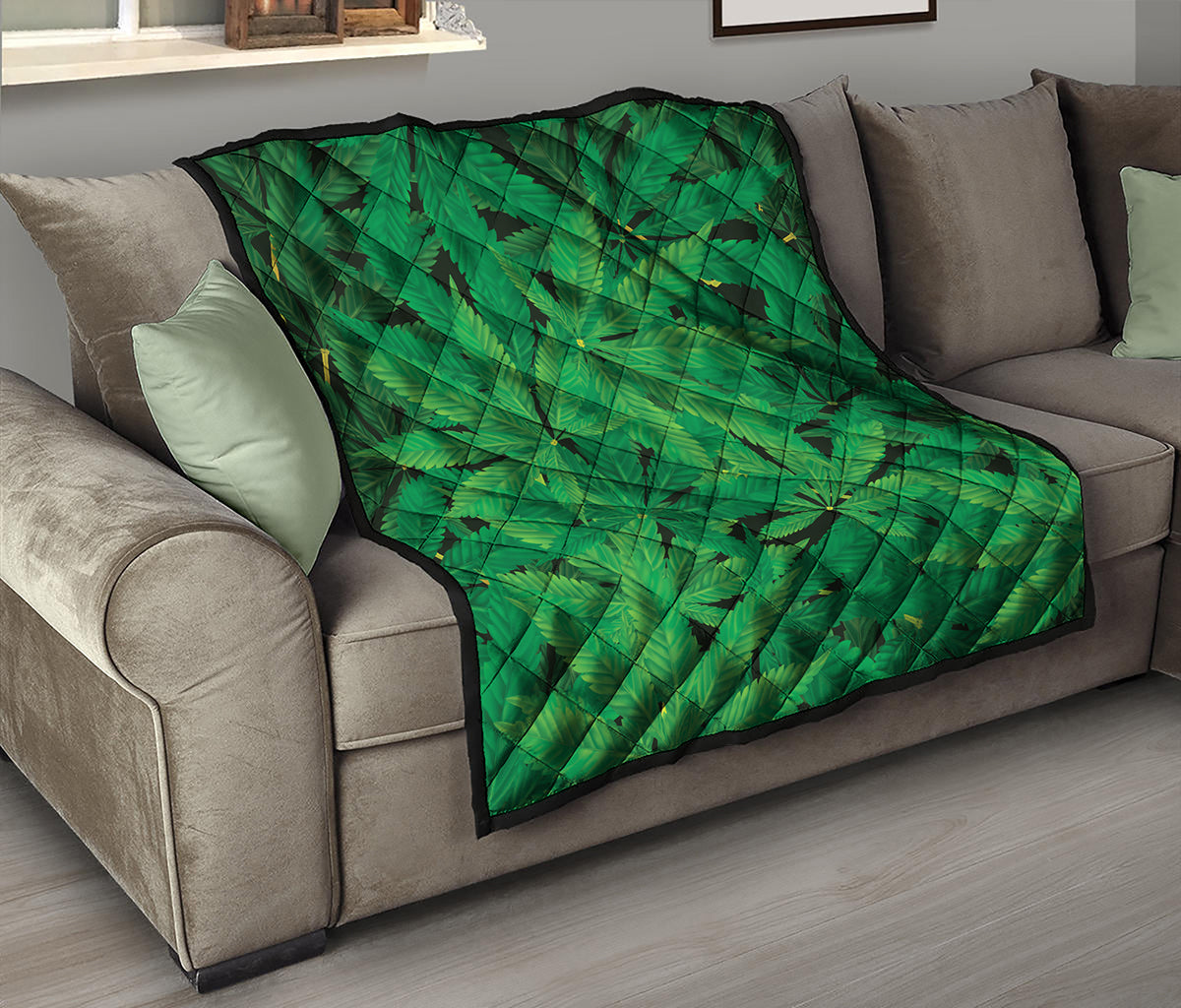 Green Marijuana Leaf Print Quilt
