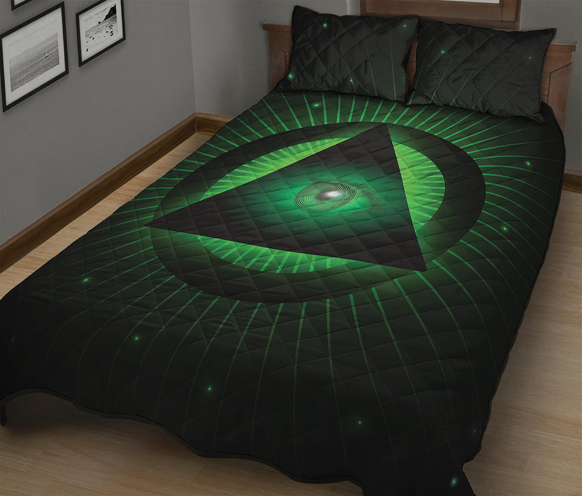 Green Masonic Eye Print Quilt Bed Set