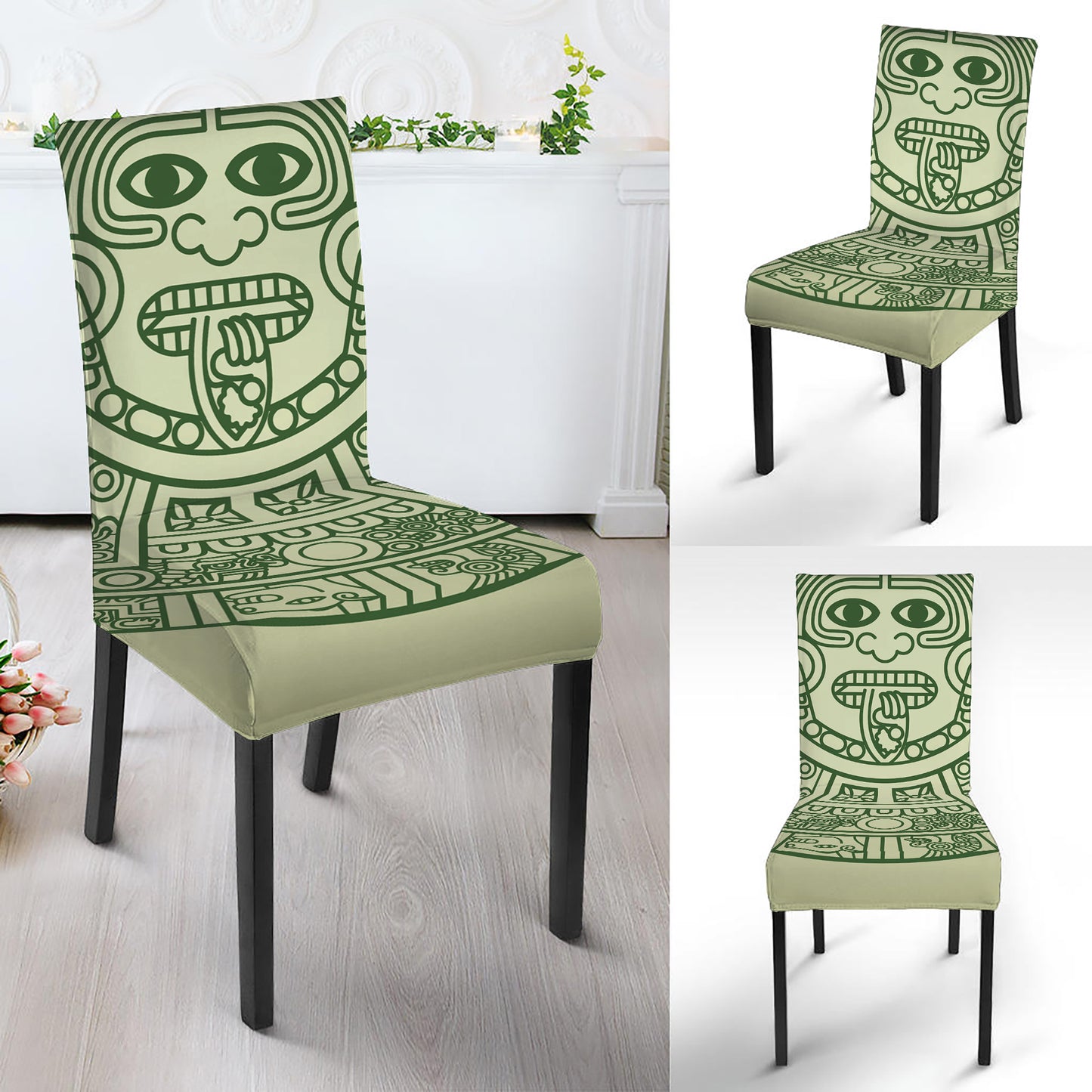 Green Maya Calendar Print Dining Chair Slipcover