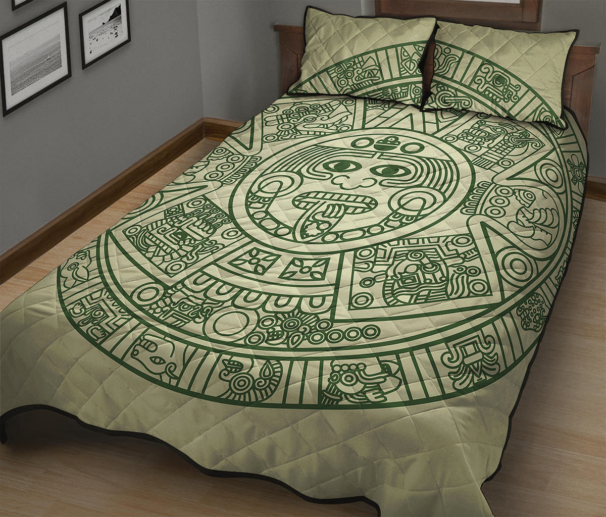 Green Maya Calendar Print Quilt Bed Set