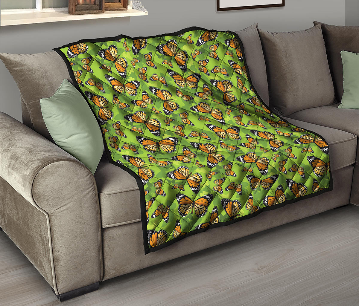 Green Monarch Butterfly Pattern Print Quilt