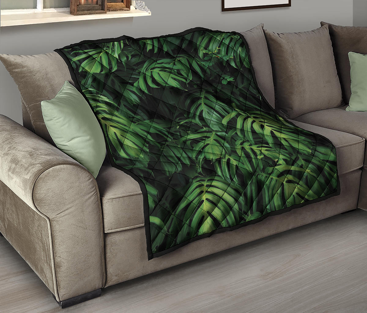 Green Monstera Leaf Print Quilt