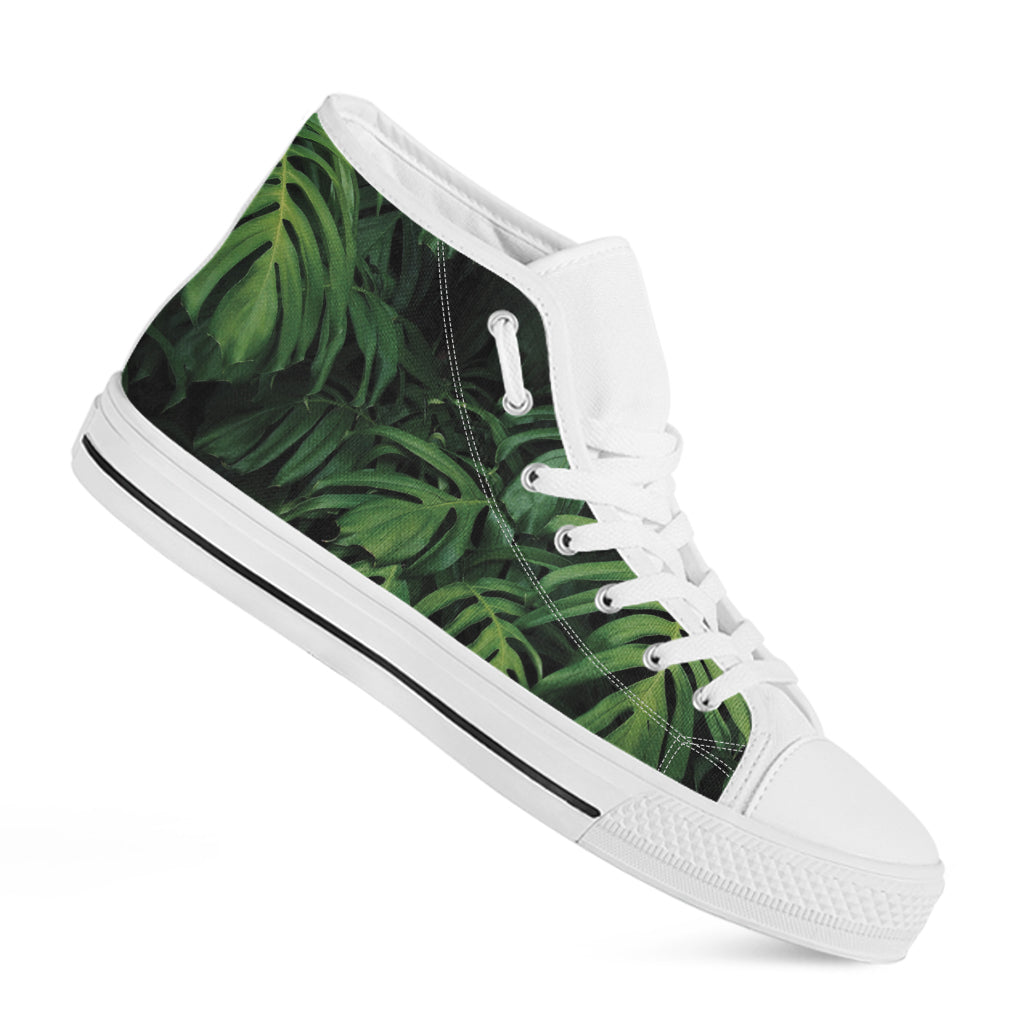 Green Monstera Leaf Print White High Top Shoes